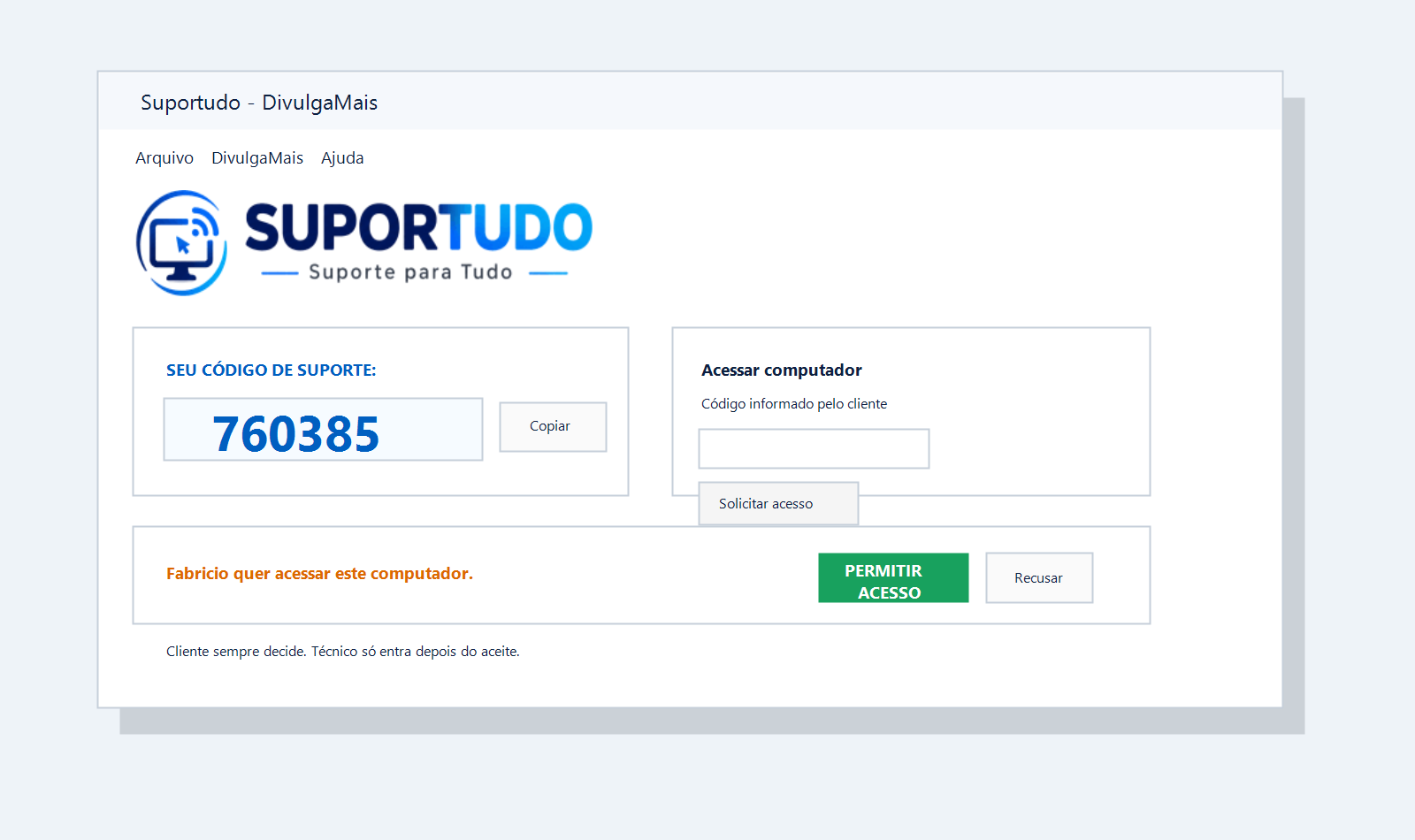 Tela do Suportudo com código de suporte, pedido de acesso e botão de permitir acesso